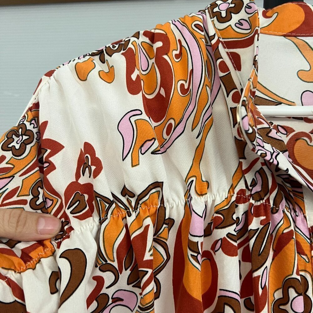 Boho Paisley Floral Ruffle Sleeve Empire Waist Mini Dress Orange Brown White S * - Picture 3 of 13